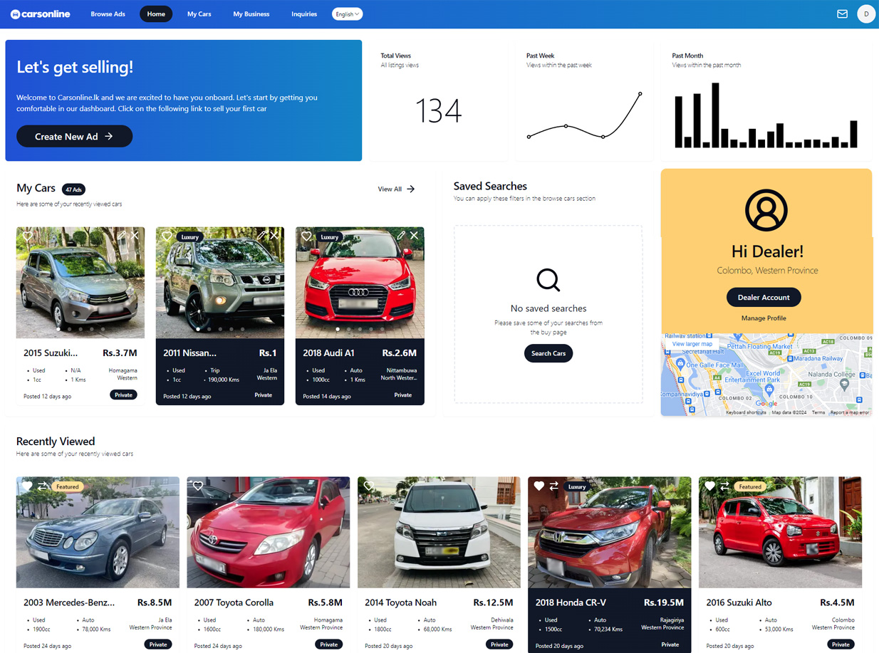Product Dashboard Manage Multiple Businesses for Car Sales
